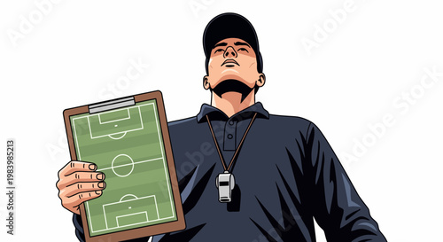 Soccer referee analyzing game strategy on clipboard outdoors