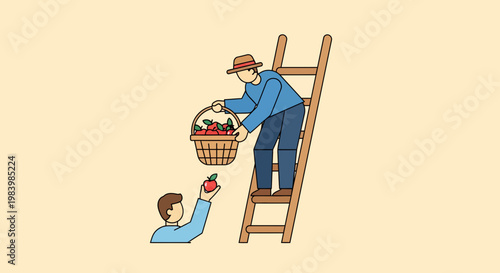 Man on ladder gives fruit to boy in garden outdoor scene