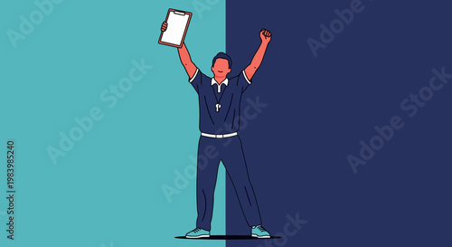 Man holding papers celebrates outdoors with joyful expression on face