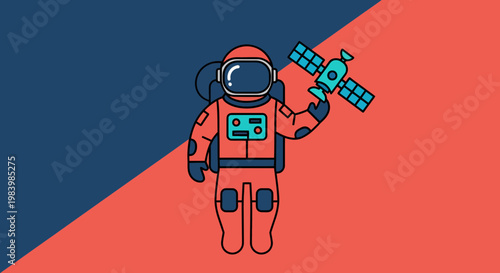 Astronaut holds satellite in space suit on red and blue background