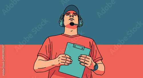 A man wearing headphones holds a clipboard in a colorful illustration.