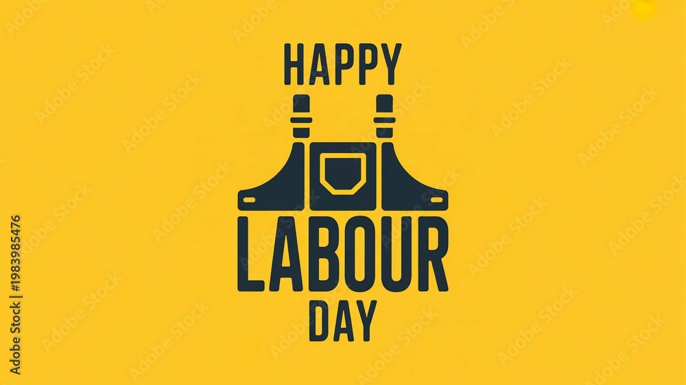 Obraz premium Happy Labour Day graphic with overalls illustration on a yellow background celebrating workers and their contributions