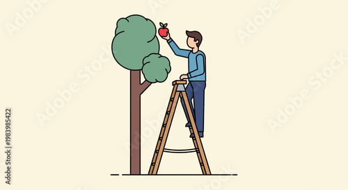 Man on ladder picking fruit from tree in garden outdoors