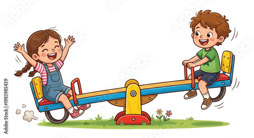 Happy Kids Playing Seesaw at Playground Cartoon Illustration