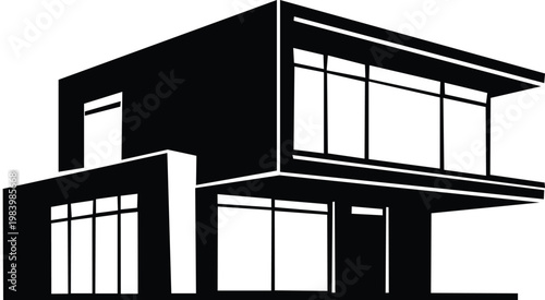 A black and white vector illustration of a 3D building featuring a metal frame and glass windows to create a modern urban house design with a cage architecture