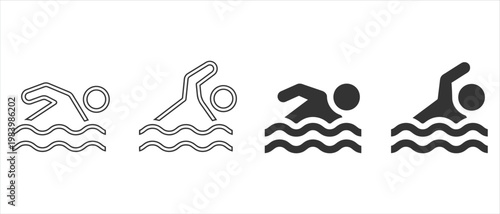 Minimalist swimming icon set, black swimmer silhouettes and outline vector symbols, aquatic sports and pool activity signs for web design