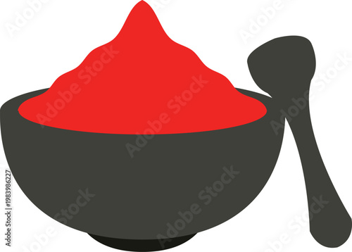 Minimal flat vector illustration of a dark bowl filled with bright red powder or paste. This simple and modern icon design can represent spices, herbal powder, henna paste, or food ingredients.