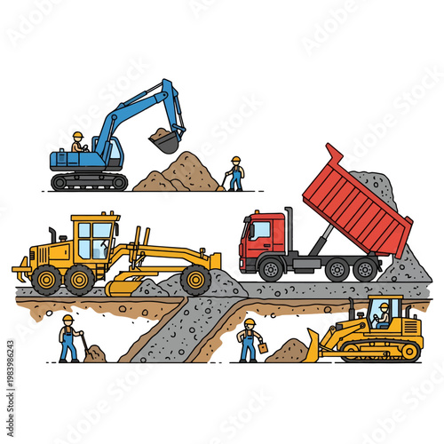 Construction vehicles and workers perform various tasks on a site