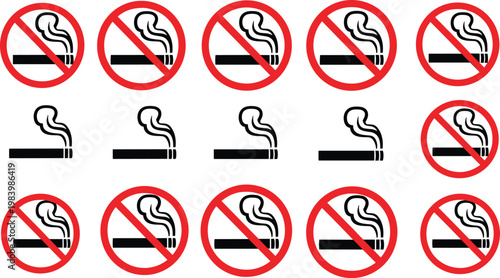No smoking icons set cigarette prohibition signs stop smoking symbol health warning flat vector illustration collection