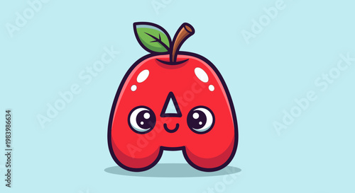 A cute, cartoonish red apple character with a smiling face and big eyes, set against a light blue background.