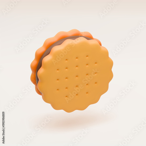 3D sandwich cookie. Realistic round biscuit sandwich with chocolate layer between. Delicious food dessert for coffee or tea. Yellow sweet cookie with brown felling. Vector illustration