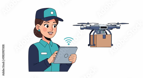 A cartoon character woman operates a drone delivering a package outdoors.