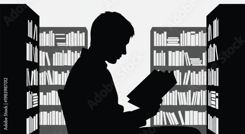 A woman student sitting indoors by a library bookshelf finds knowledge while reading a book in her silhouette