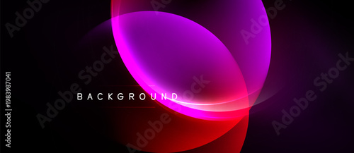 Abstract shapes overlap, creating vibrant gradients. Pink, purple, red hues dominate dark background. Modern design element.