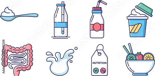 Nutrition and digestive health icons vector set with yogurt milk gut splash vitamin food diet collection
