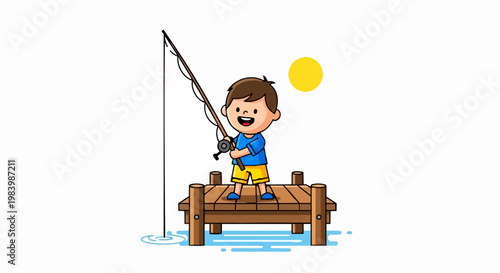 A cartoon character angler fisherman is engaged in lake fishing on a wooden dock for recreation and hobby.