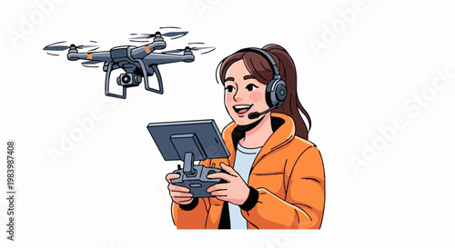 A woman wearing a headset operates a drone controller with a drone flying above her.