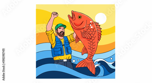 A cartoon fisherman catches a large fish during a sunny lake fishing recreation outdoor activity hobby.