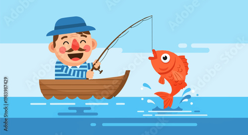 A cheerful cartoon character angler in a boat catches a large fish during a fun lake fishing hobby recreation outdoor activity.