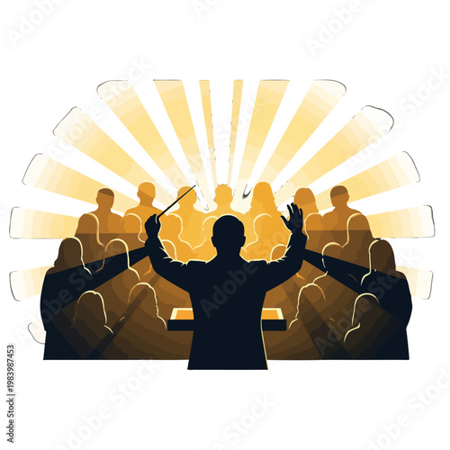 A conductor leads a group of musicians in a performance