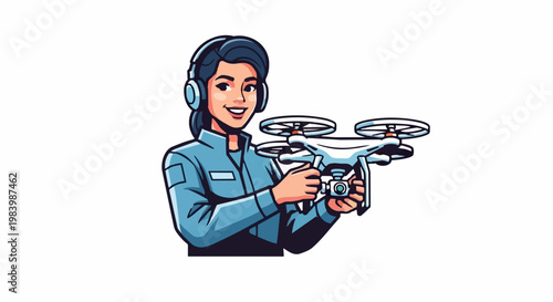 A smiling woman wearing a headset holding a drone controller in a vector illustration.
