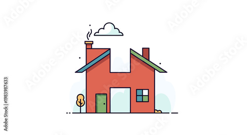 A stylized red house with a chimney emitting smoke and a small tree, set against a white background with a single cloud.
