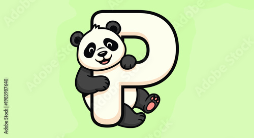 Cute cartoon panda character hugging the letter P, designed for educational purposes and children's learning materials.