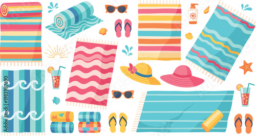 
Colorful Beach Towel Set with Flip Flops, Sunglasses, Sun Hat, Sunscreen, and Summer Accessories for Vacation and Tropical Holiday Designs