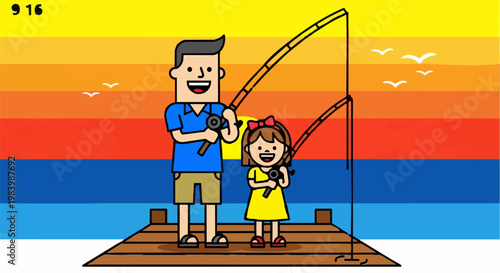 A cartoon character illustration of a fisherman and a child fishing on a lake, enjoying a hobby and recreation together.