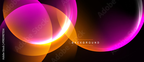 Abstract design features vibrant pink, orange glows. Dark background creates dramatic contrast, modern aesthetic. Smooth curves suggest movement, energy.