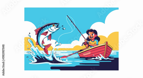 A cartoon character fisherman is engaged in lake fishing, an outdoor activity and hobby, catching a fish with a fishing rod in a small boat.