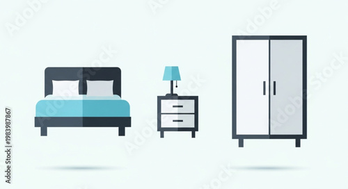 Bedroom Furniture Set Flat Design Illustration.