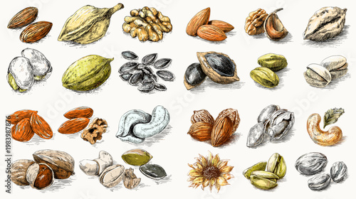 Watercolor nuts and seeds collection with almonds, pistachios, coconut and cocoa pods, perfect for healthy food packaging, grocery labels, recipes and organic branding.