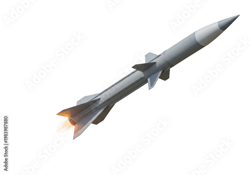 Streamlined rocket with visible flame at the rear end during launch phase