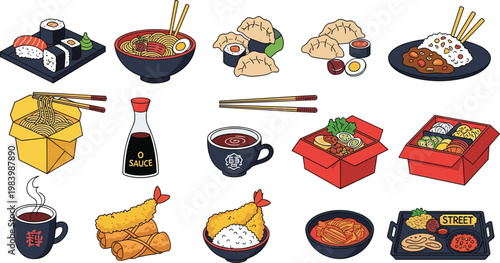 Asian Food and Takeaway Vector Set Featuring Sushi Ramen Dumplings Rice Noodles and Street Food Icons