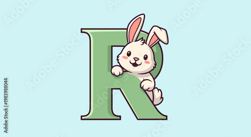A cute cartoon bunny peeking out from behind a large, stylized letter R, set against a soft blue background.