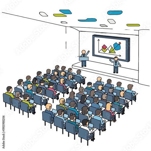 A group of people attend a presentation in a conference room