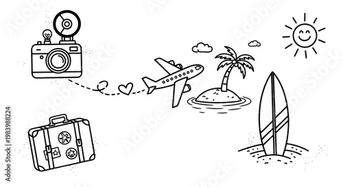 vacation and travel icons camera airplane suitcase surfboard and palm tree island