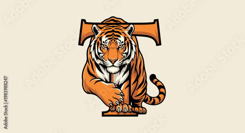 A fierce tiger with orange and black stripes is depicted in a stylized illustration, with the letter 'T' integrated into its body and background.