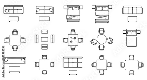 top view of various furniture arrangements including sofas beds and dining sets