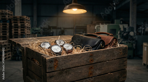 Dimly lit warehouse scene with smuggled luxury goods including watches and leather bags in a wooden crate under warm overhead light