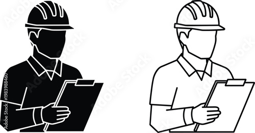 Silhouettes of construction workers with hard hats and clipboards, representing safety inspection, site management, and occupational documentation roles
