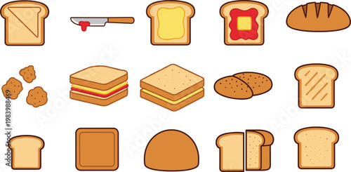 Bread and Bakery Vector Set Featuring Toast Sandwich Loaf Butter Jam and Baked Goods Collection