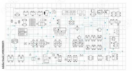Architectural Blueprint Drawing with Grid Lines and Symbols.