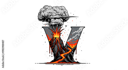 A stylized letter V erupting like a volcano, spewing smoke, ash, and lava.