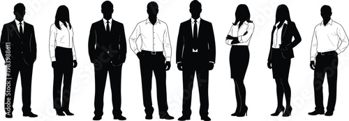 Silhouettes of diverse business professionals standing in a row, men and women in corporate attire, teamwork, workplace diversity illustration