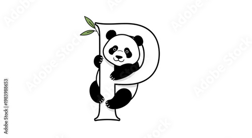 A charming illustration of a panda bear clinging to the letter P, with a bamboo leaf accent.