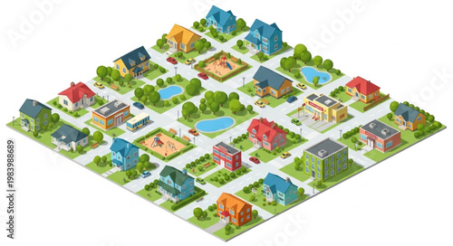 Photos Isometric neighborhood with diverse houses and green spaces.