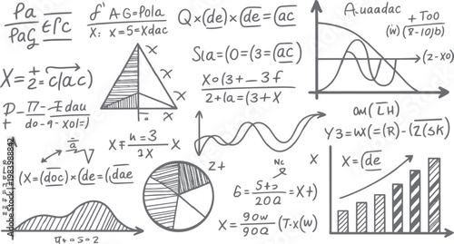Hand drawn mathematical equations graphs and geometric shapes on white background mathematics formula
