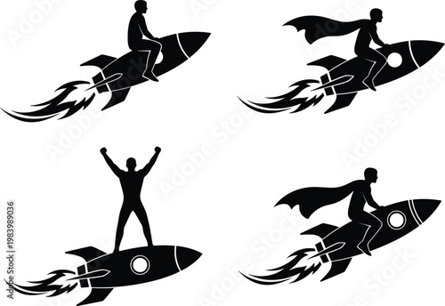 Silhouettes of individuals riding rockets with flames, capes, and triumphant poses, symbolizing ambition, progress, adventure, and forward momentum artwork